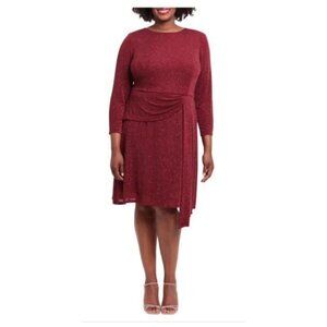 London Times Womens Red Metallic Long Sleeve Drape Waist Dress Plus Sz 22W New